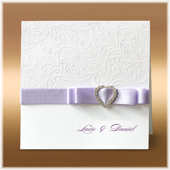Wedding Invitations with heart buckle and purple ribbon bow