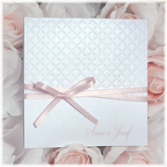 Pearl wedding invitation with a pink bow
