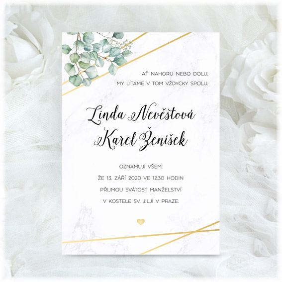 Svatební oznámení s listy a zlatými linkami