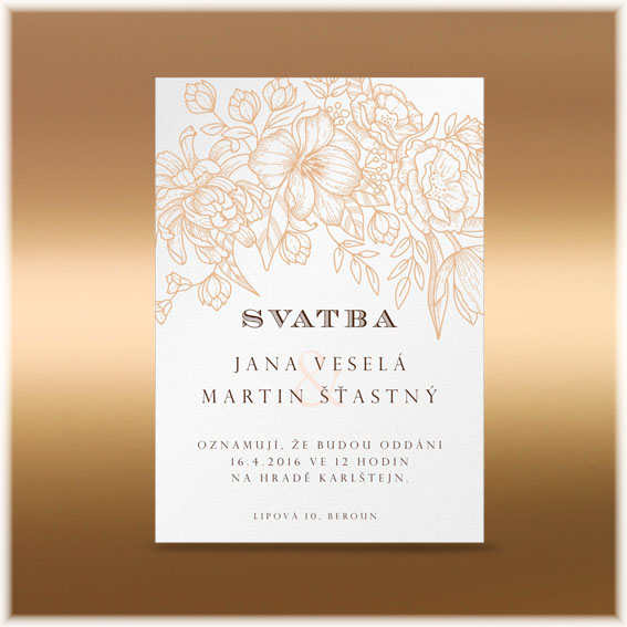 Svatební oznámení s matně zlatými květinami